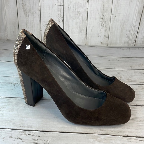 Calvin Klein Suede and Snakeskin Monicah Chunky Heel Pump - Picture 2 of 12
